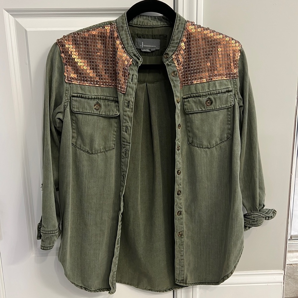 Anthropologie green denim shirt sequin detail Size 00P - Picture 1 of 4